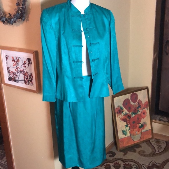 Vtg Y2K ADRIANNA PAPELL Size 12 Safe Silk Emerald 100% Silk Skirted Suit Asian - Picture 6 of 16